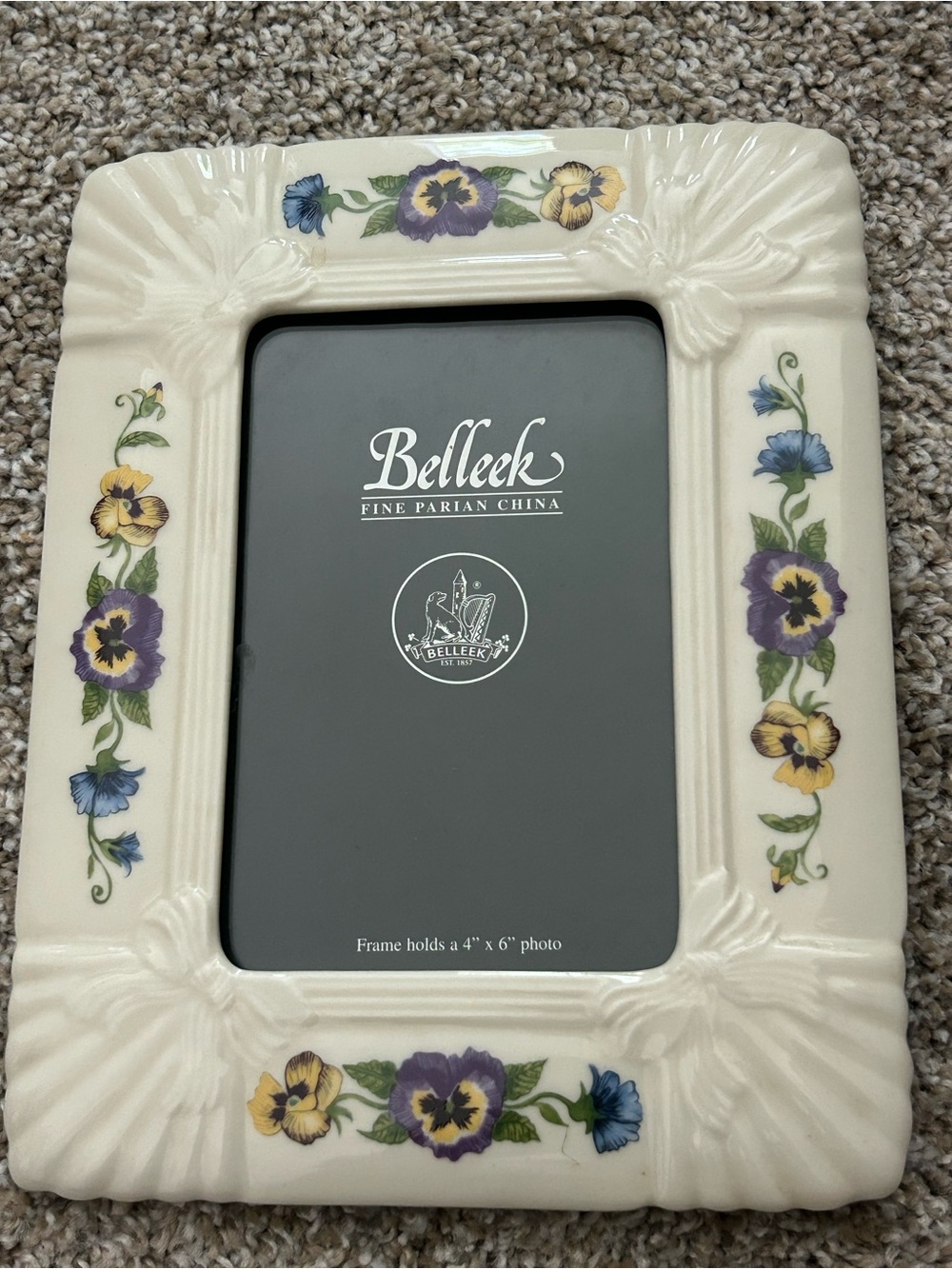 Belleek Cream Porcelain Frame with Purple and Yellow Pansy Motifs